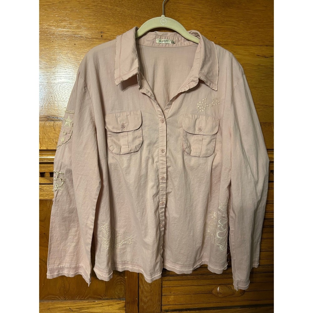 Old Navy Boho Chic Pink Embroidered Button Up Utility Shirt Cottagecore Western